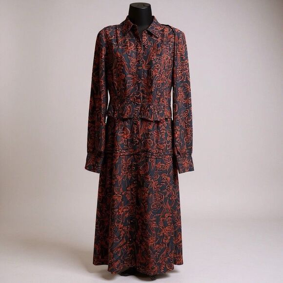 Jason Wu Navy Red Floral Printed Long Sleeve Shirt Dress Size 10 - Picture 6 of 11